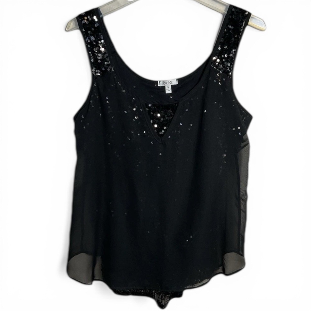 Cache Size M Evening Top Sleeveless Dressy All Over Sequin Sheer Overlay Black